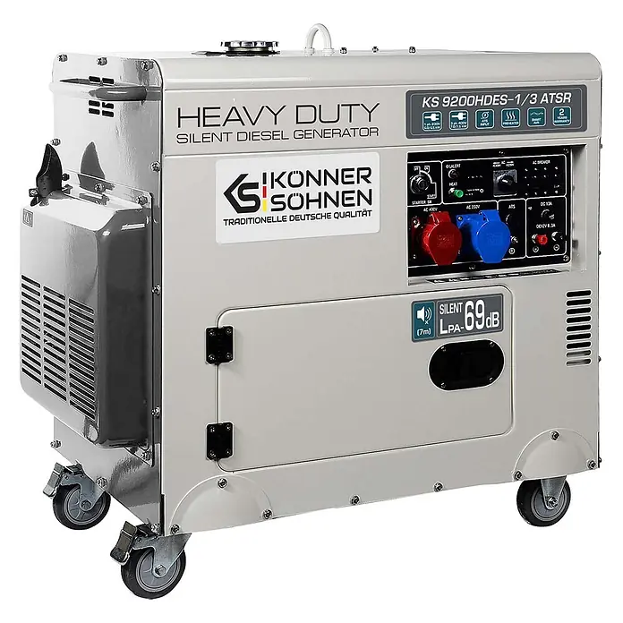 Könner & Söhnen Stromerzeuger KS 9200HDES-1/3 ATSR - Tankvolumen: 20 l - Hellgrauer, schwerlastfähiger, leiser Dieselgenerator auf Rädern mit Bedienfeld.