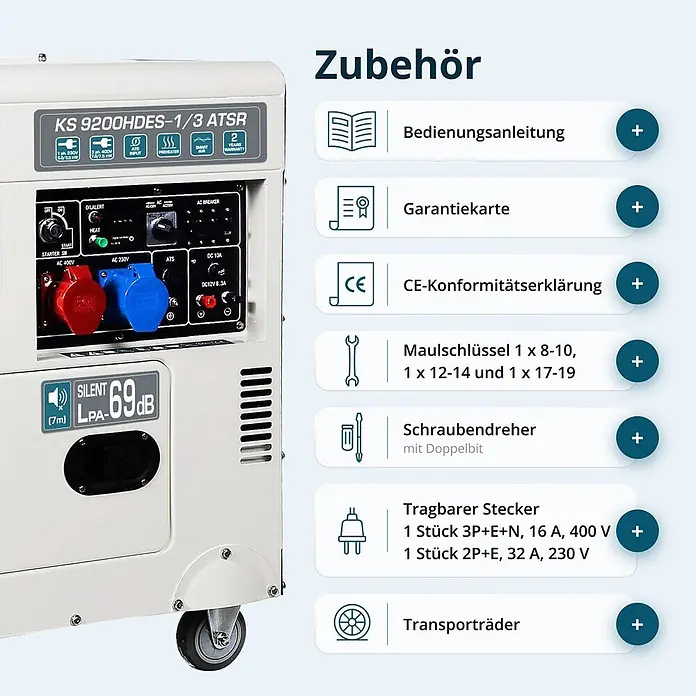 Könner & Söhnen Stromerzeuger KS 9200HDES-1/3 ATSR - Tankvolumen: 20 l - Weiß-grauer, leiser Generator mit Bedienfeld, Transporträdern und einer Liste des Zubehörs wie Werkzeuge und Stecker.