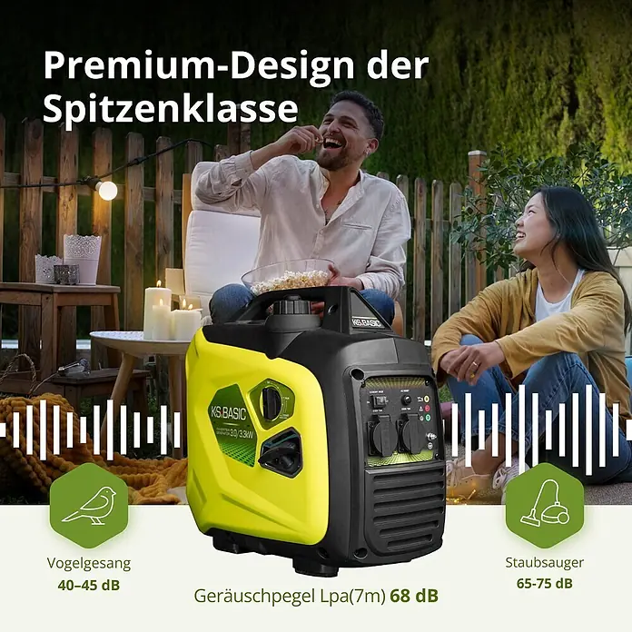 Könner & Söhnen Stromerzeuger KSB 33i S - Nennleistung: 3 kW, Tankvolumen: 4 l - Gelb-schwarzer KS.BASIC Inverter-Generator im Freien, leiser Betrieb neben genießenden Personen.
