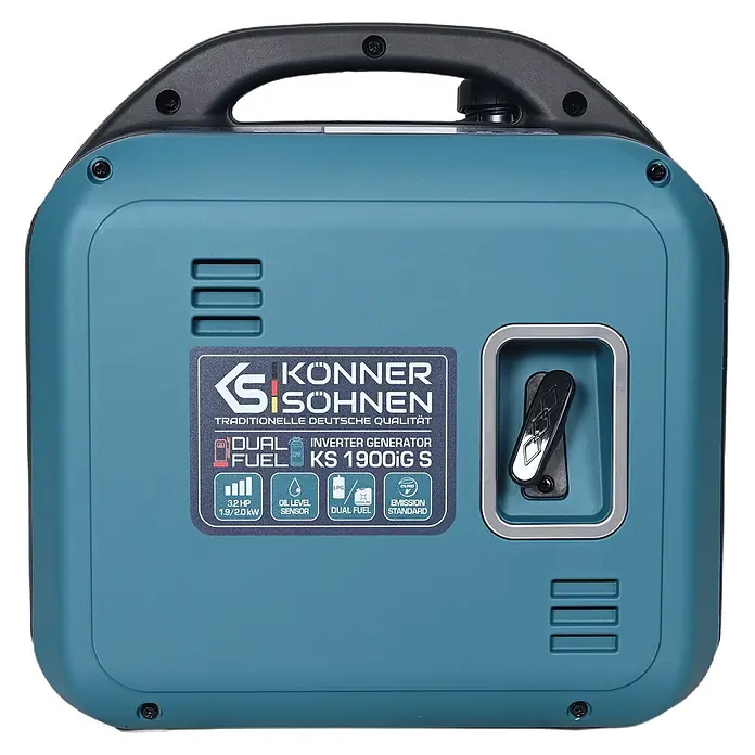 Könner & Söhnen Stromerzeuger KS 1900iG S - Nennleistung: 1,9 kW, Tankvolumen: 4 l - Türkiser Könner & Söhnen tragbarer Dual-Fuel-Inverter-Generator mit schwarzem Griff und Bedienfeld.