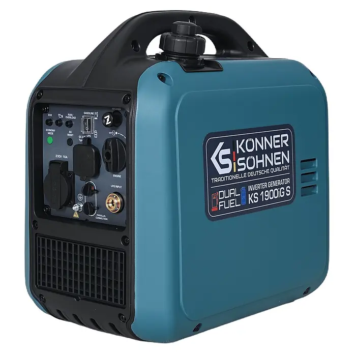 Könner & Söhnen Stromerzeuger KS 1900iG S - Nennleistung: 1,9 kW, Tankvolumen: 4 l - KÖNNER & SÖHNEN KS 1900iG S Dual-Fuel Inverter-Stromerzeuger in Türkis und Schwarz.