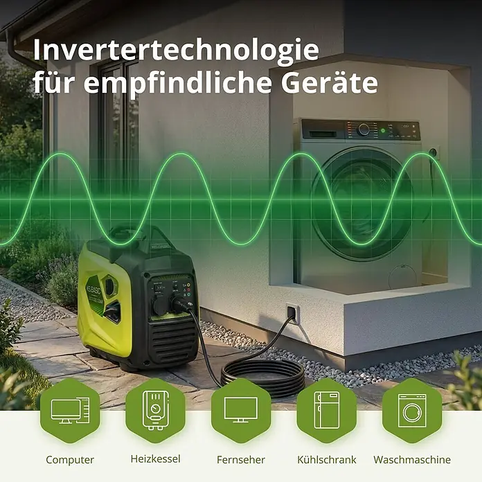 Könner & Söhnen Stromerzeuger KSB 33i S - Nennleistung: 3 kW, Tankvolumen: 4 l - Grüner und schwarzer Inverter-Stromerzeuger versorgt eine Waschmaschine im Freien, zeigt die Nutzung für empfindliche Geräte.
