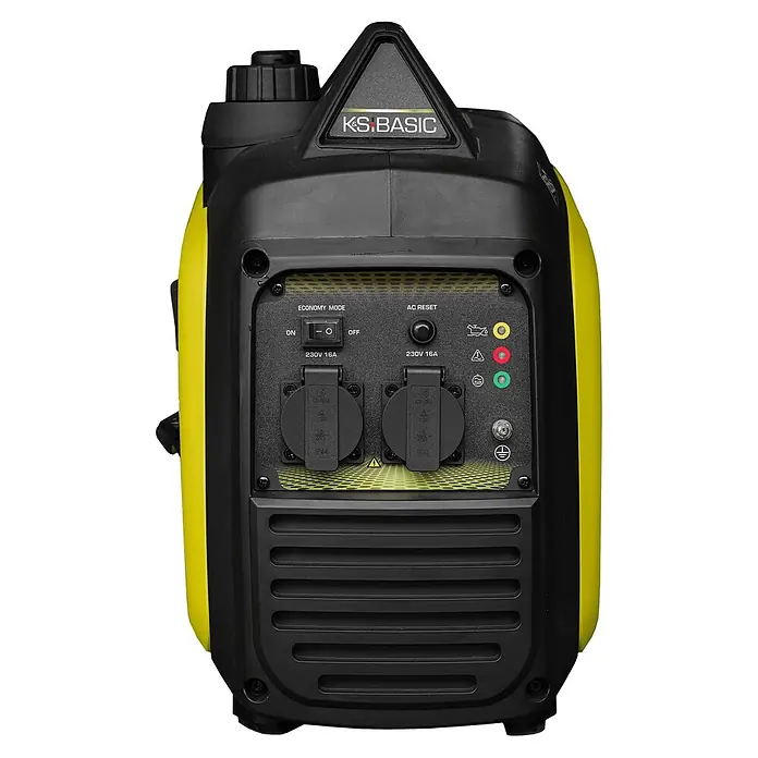 Könner & Söhnen Stromerzeuger KSB 33i S - Nennleistung: 3 kW, Tankvolumen: 4 l - Schwarzer und gelber tragbarer Inverter-Generator mit Bedienfeld, zwei 230V 16A Steckdosen und Anzeigen.