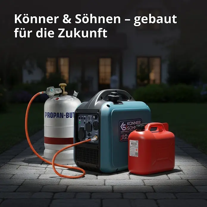 Könner & Söhnen Stromerzeuger KS 1900iG S - Nennleistung: 1,9 kW, Tankvolumen: 4 l - Könner & Söhnen Dual-Fuel Generator mit Propangasflasche und rotem Kraftstoffkanister auf gepflastertem Weg bei Nacht.