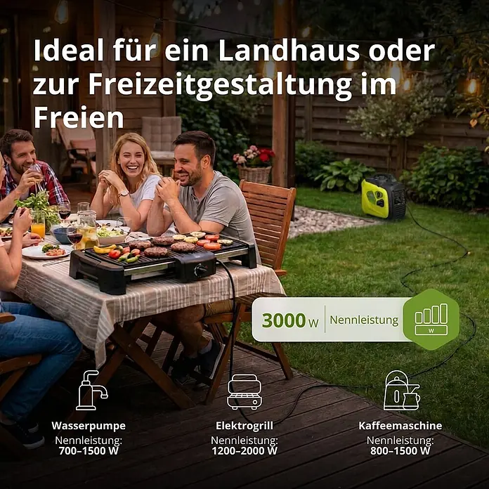 Könner & Söhnen Stromerzeuger KSB 33i S - Nennleistung: 3 kW, Tankvolumen: 4 l - Tragbarer, gelb-schwarzer Generator versorgt einen Elektrogrill für ein Outdoor-Barbecue mit 3000 W Nennleistung.