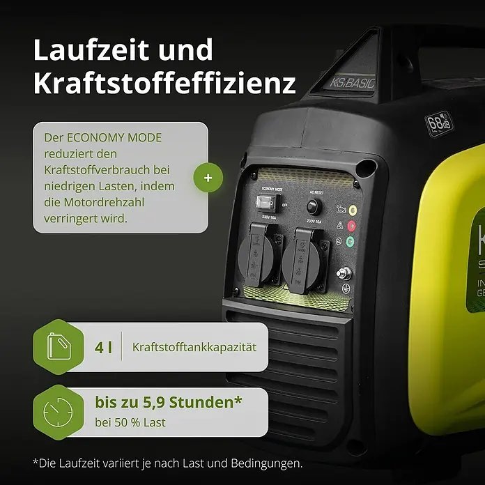 Könner & Söhnen Stromerzeuger KSB 33i S - Nennleistung: 3 kW, Tankvolumen: 4 l - Schwarz-gelber tragbarer Inverter-Stromerzeuger mit Bedienfeld, Economy-Modus und Steckdosen.