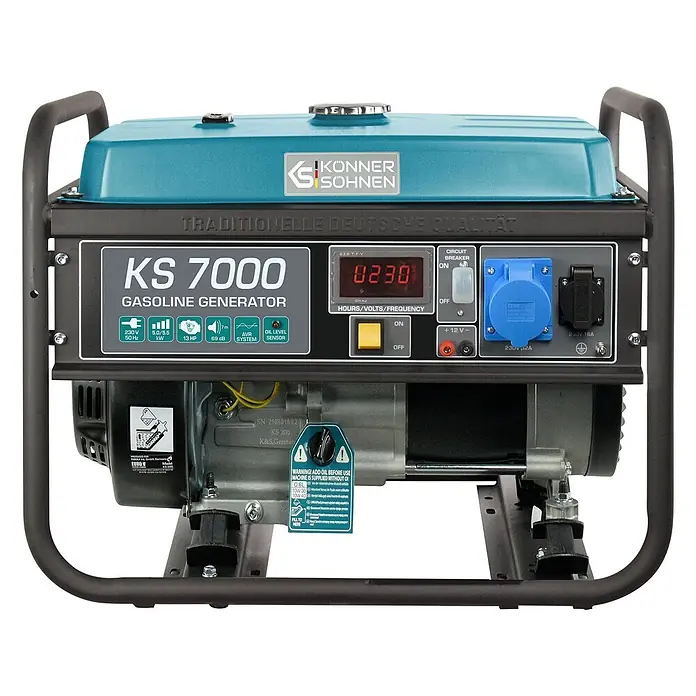 Könner & Söhnen Stromerzeuger KS 7000 - Nennleistung: 5 kW, Tankvolumen: 25 l - Könner & Söhnen KS 7000 Benzingenerator mit türkisem Tank, schwarzem Rahmen und Bedienfeld mit Steckdosen und Digitalanzeige.