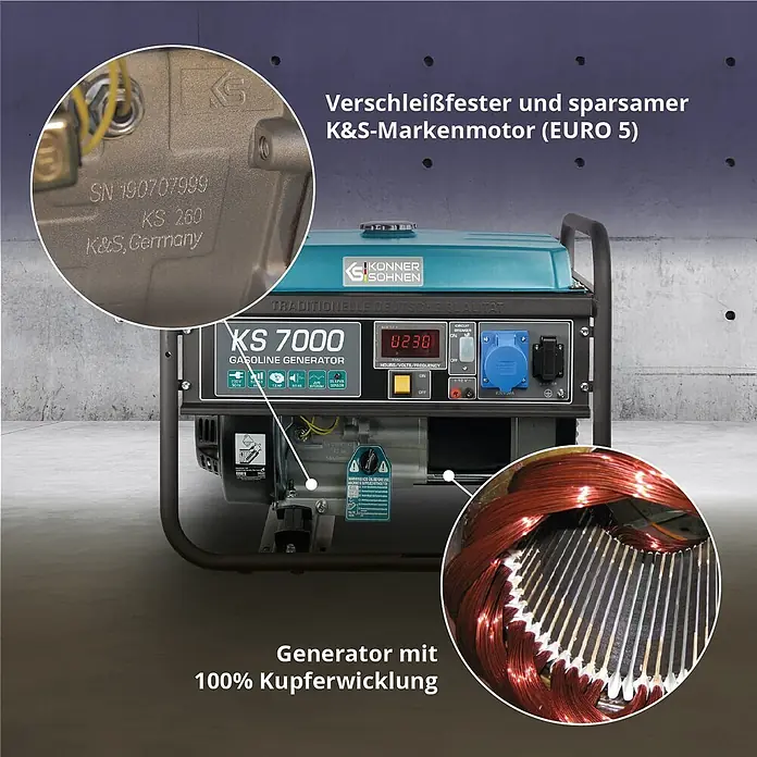 Könner & Söhnen Stromerzeuger KS 7000 - Nennleistung: 5 kW, Tankvolumen: 25 l - K&S Benzingenerator (EURO 5) mit robustem Motor und 100% Kupferwicklung.