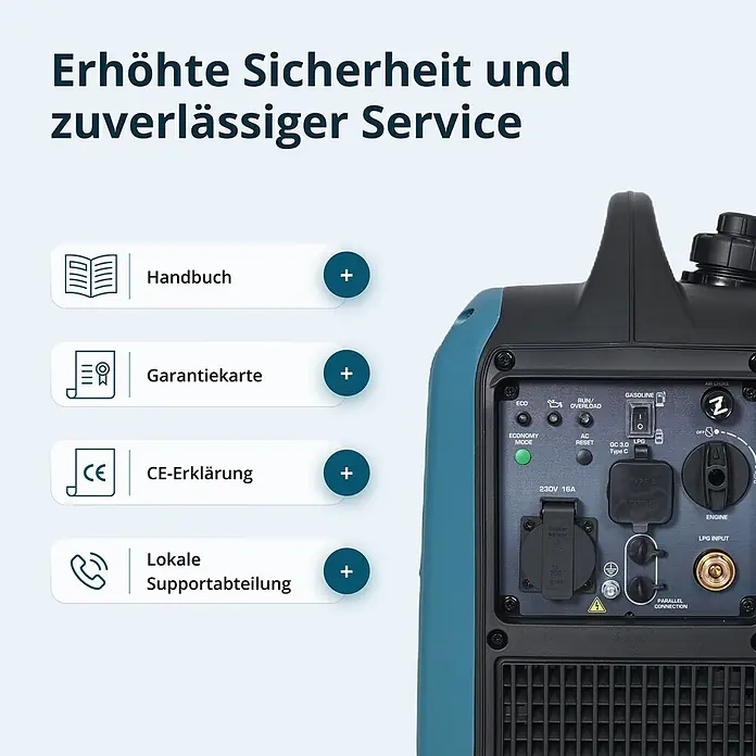 Könner & Söhnen Stromerzeuger KS 1900iG S - Nennleistung: 1,9 kW, Tankvolumen: 4 l - Ein schwarzer und türkisfarbener Generator mit Bedienfeld, das eine 230V 16A Steckdose, LPG-Eingang und Motoreinstellungen zeigt.