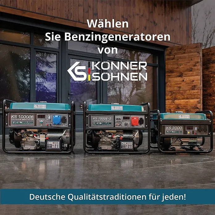 Könner & Söhnen Stromerzeuger KS 7000 - Nennleistung: 5 kW, Tankvolumen: 25 l - Drei Benzingeneratoren von Könner & Söhnen (KS 10000E, KS 7000E-3, KS 3000) in Türkis und Schwarz, draußen vor einem Holzgebäude.