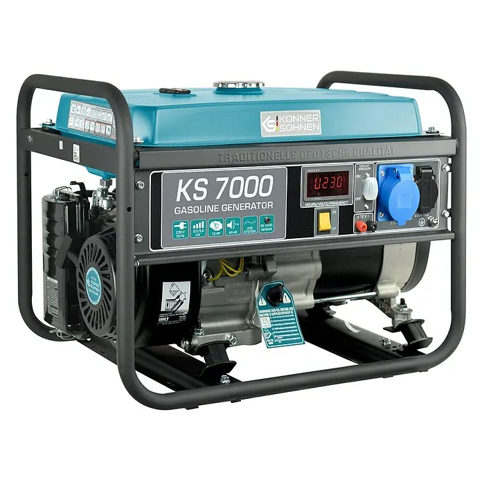 Könner & Söhnen Stromerzeuger KS 7000 - Nennleistung: 5 kW, Tankvolumen: 25 l - Schwarzer und türkisblauer Benzingenerator KS 7000 mit Metallrahmen, Bedienfeld, Display und Steckdosen.
