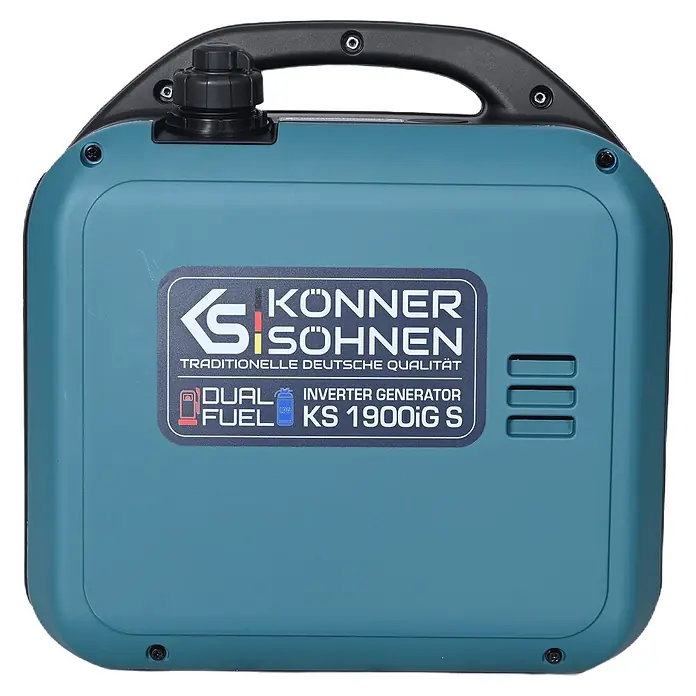 Könner & Söhnen Stromerzeuger KS 1900iG S - Nennleistung: 1,9 kW, Tankvolumen: 4 l - Türkiser Könner & Söhnen Dual-Fuel Inverter Generator KS 1900iG S mit schwarzem Griff und Tankdeckel.