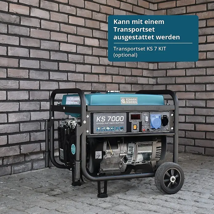Könner & Söhnen Stromerzeuger KS 7000 - Nennleistung: 5 kW, Tankvolumen: 25 l - Schwarzer und blauer Benzin-Stromerzeuger mit Transportrad, der das optionale Transportset hervorhebt.