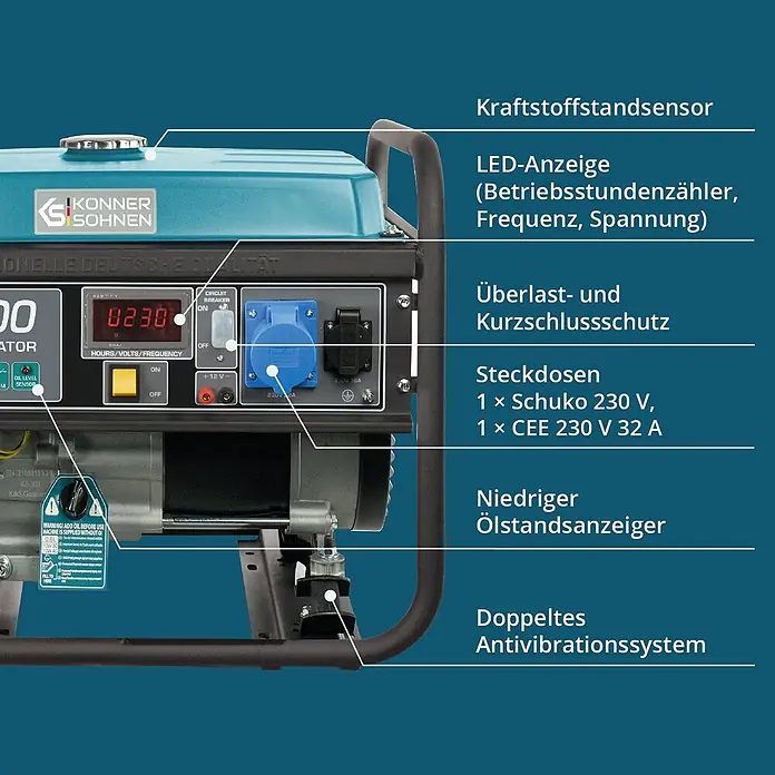 Könner & Söhnen Stromerzeuger KS 7000 - Nennleistung: 5 kW, Tankvolumen: 25 l - Ein blauer und schwarzer tragbarer Generator mit hervorgehobenen Funktionen wie LED-Anzeige, Steckdosen und Sicherheitssystemen.