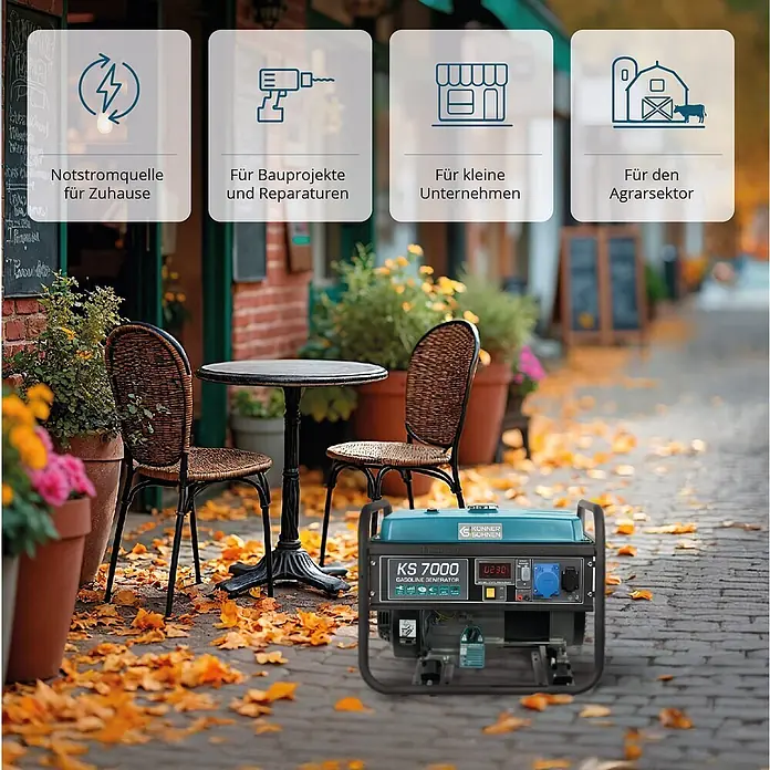 Könner & Söhnen Stromerzeuger KS 7000 - Nennleistung: 5 kW, Tankvolumen: 25 l - Türkisblauer KS 7000 Benzingenerator mit schwarzem Rahmen, geeignet für Zuhause, Gewerbe, Bau und Landwirtschaft.