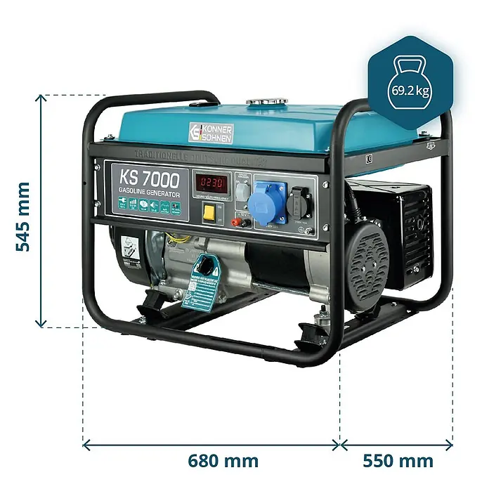 Könner & Söhnen Stromerzeuger KS 7000 - Nennleistung: 5 kW, Tankvolumen: 25 l - Konner & Sohnen KS 7000 Benzingenerator mit blaugrünem Tank und schwarzem Schutzrahmen.