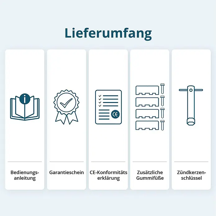 Könner & Söhnen Stromerzeuger KS 7000 - Nennleistung: 5 kW, Tankvolumen: 25 l - Icons und Beschriftungen zum Lieferumfang: Bedienungsanleitung, Garantieschein, CE-Erklärung, Gummifüße, Zündkerzenschlüssel.