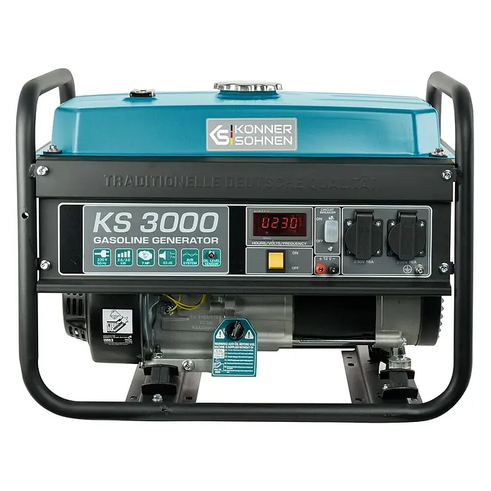 Könner & Söhnen Stromerzeuger KS 3000 - Nennleistung: 2,6 kW, Tankvolumen: 15 l - Ein teal-farbener und schwarzer Konner & Sohnen KS 3000 Benzingenerator mit Bedienfeld, Display und Steckdosen, auf einem stabilen schwarzen Rahmen.