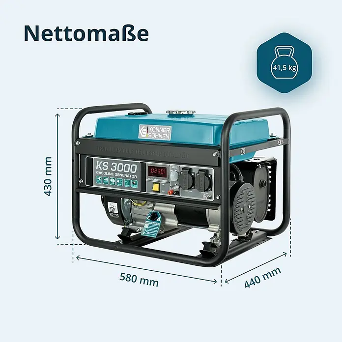 Könner & Söhnen Stromerzeuger KS 3000 - Nennleistung: 2,6 kW, Tankvolumen: 15 l - Ein türkis-schwarzer Benzingenerator KS 3000 mit den Maßen 580x440x430 mm und einem Gewicht von 41,5 kg.