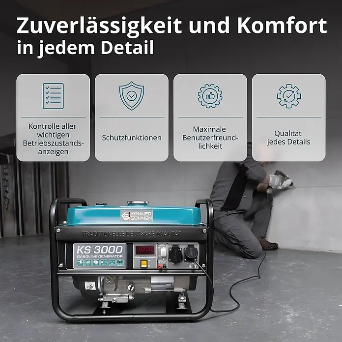 Könner & Söhnen Stromerzeuger KS 3000 - Nennleistung: 2,6 kW, Tankvolumen: 15 l - Blau-schwarzer Benzingenerator KS 3000 mit Bedienfeld, an arbeitende Person angeschlossen.