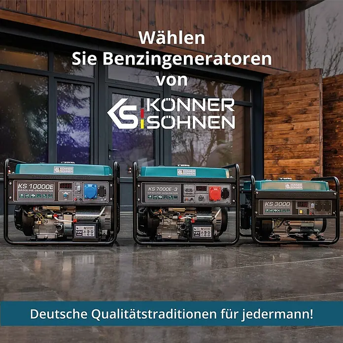 Könner & Söhnen Stromerzeuger KS 3000 - Nennleistung: 2,6 kW, Tankvolumen: 15 l - Drei türkisfarbene und schwarze Könner & Söhnen Benzingeneratoren unterschiedlicher Größen, die deutsche Qualität zeigen.