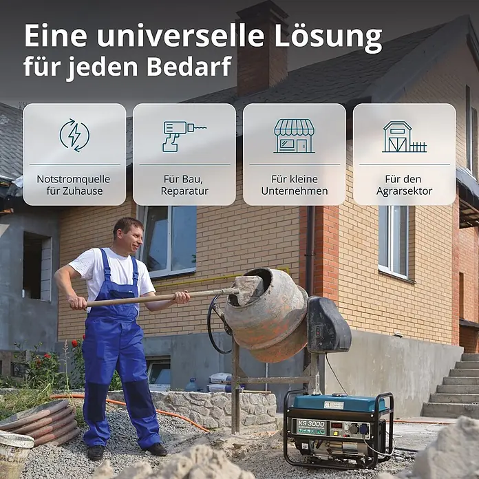 Könner & Söhnen Stromerzeuger KS 3000 - Nennleistung: 2,6 kW, Tankvolumen: 15 l - Blauer KS 3000 Benzingenerator auf einer Baustelle, daneben ein Arbeiter und ein Zementmischer. Er wird als vielseitige Stromquelle präsentiert.