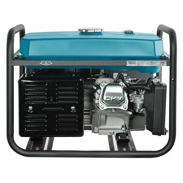 Könner & Söhnen Stromerzeuger KS 3000 - Nennleistung: 2,6 kW, Tankvolumen: 15 l - Benzingenerator mit türkisfarbenem Tank, schwarzem Rahmen und silbernen Motorbauteilen.