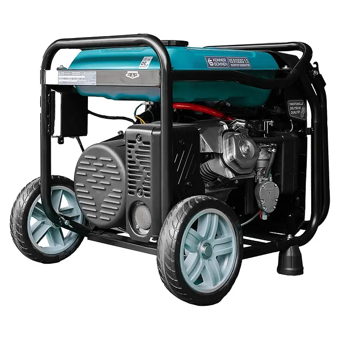 Könner & Söhnen Stromerzeuger KS 8100iEG 1/3 - Nennleistung: 8 kW, Tankvolumen: 20 l - Tragbarer Generator mit schwarzem Rahmen, türkisfarbenem Tank und Rädern, mit sichtbaren Motorkomponenten.
