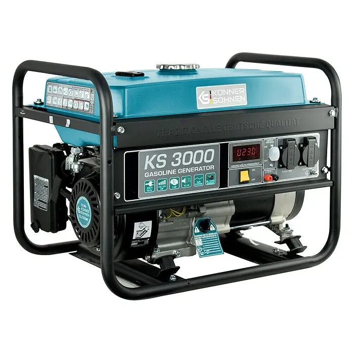 Könner & Söhnen Stromerzeuger KS 3000 - Nennleistung: 2,6 kW, Tankvolumen: 15 l - Ein teal-schwarzer Konner & Sohnen KS 3000 Benzingenerator mit Bedienfeld und Digitalanzeige.