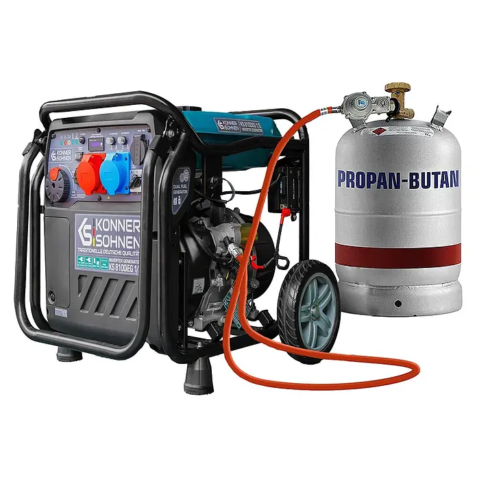Könner & Söhnen Stromerzeuger KS 8100iEG 1/3 - Nennleistung: 8 kW, Tankvolumen: 20 l - Ein schwarz-türkiser Dual-Fuel Inverter-Generator verbunden mit einer silbernen Propan-Butan Gasflasche und orangefarbenem Schlauch.