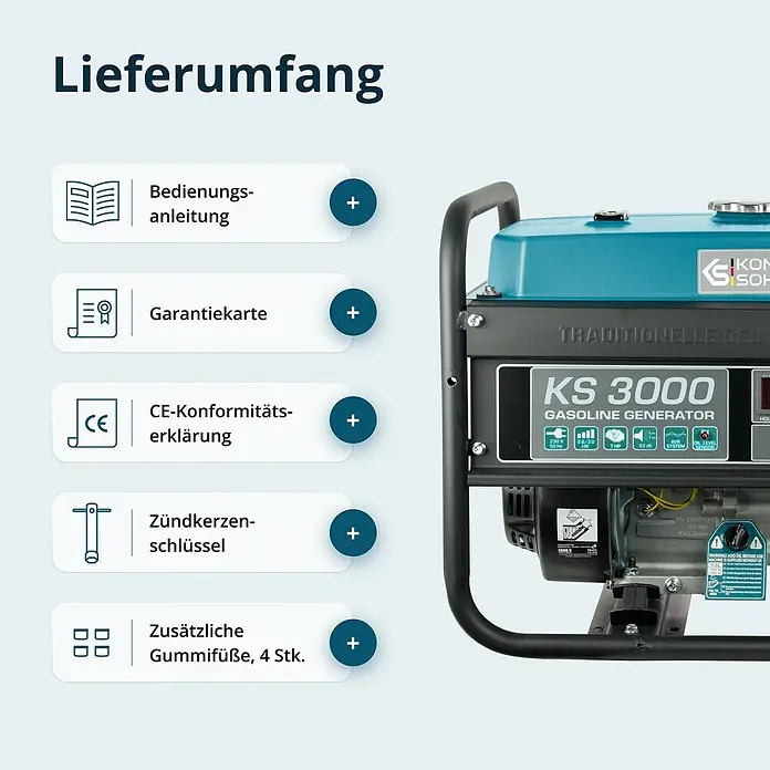Könner & Söhnen Stromerzeuger KS 3000 - Nennleistung: 2,6 kW, Tankvolumen: 15 l - Blauer und schwarzer Benzingenerator (KS 3000) mit Liste des Lieferumfangs wie Anleitung, Garantie und Werkzeug.