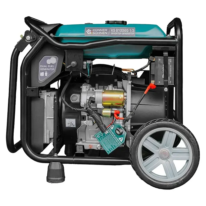 Könner & Söhnen Stromerzeuger KS 8100iEG 1/3 - Nennleistung: 8 kW, Tankvolumen: 20 l - Könner & Söhnen KS 8100iEG 1/3 Dual-Fuel Inverter-Generator mit türkisfarbenem Tank, schwarzem Rahmen und Rädern.