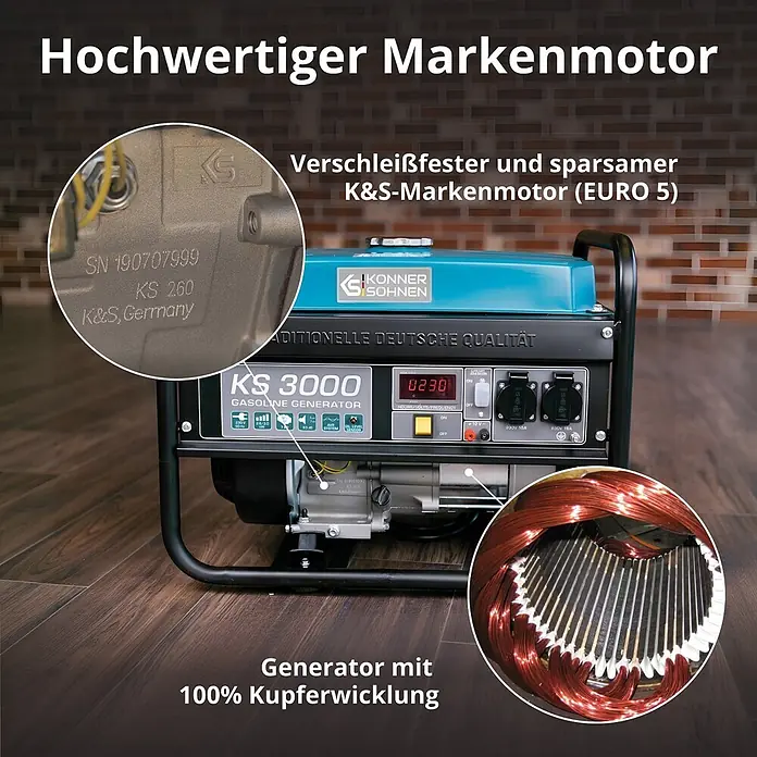 Könner & Söhnen Stromerzeuger KS 3000 - Nennleistung: 2,6 kW, Tankvolumen: 15 l - Blauer und schwarzer K&S Benzingenerator mit K&S Markenmotor und 100% Kupferwicklung für zuverlässige Leistung.