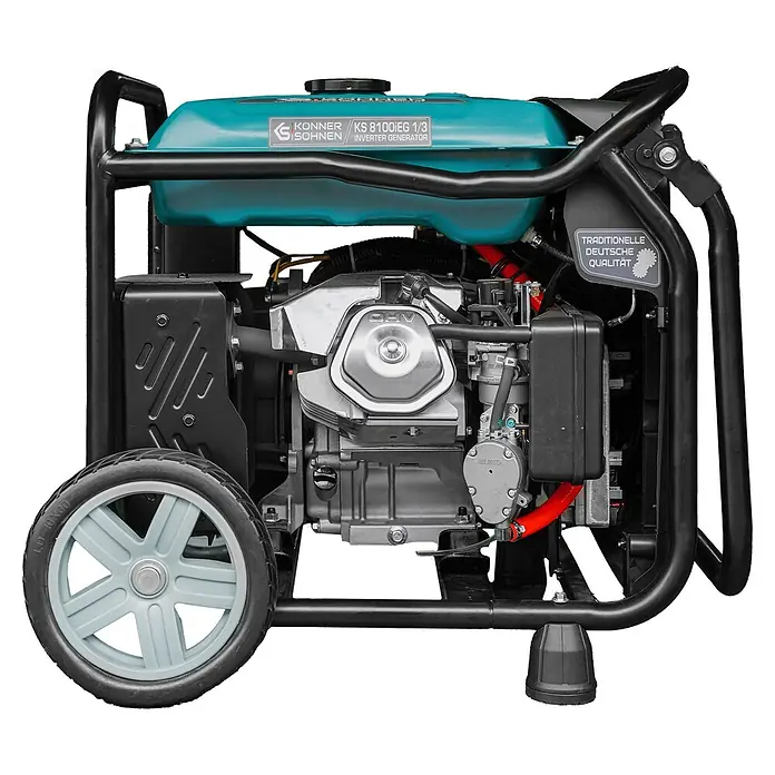 Könner & Söhnen Stromerzeuger KS 8100iEG 1/3 - Nennleistung: 8 kW, Tankvolumen: 20 l - Könner & Söhnen KS 8100IEG 1/3 Inverter Generator mit türkisfarbenem Tank, schwarzem Rahmen, grauen Rädern und sichtbaren Motorteilen.