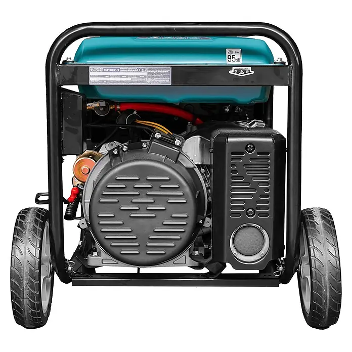 Könner & Söhnen Stromerzeuger KS 8100iEG 1/3 - Nennleistung: 8 kW, Tankvolumen: 20 l - Türkiser und schwarzer Inverter-Generator mit stabilem Rahmen, Rädern und sichtbaren Warnhinweisen für Lärm und heiße Oberfläche.