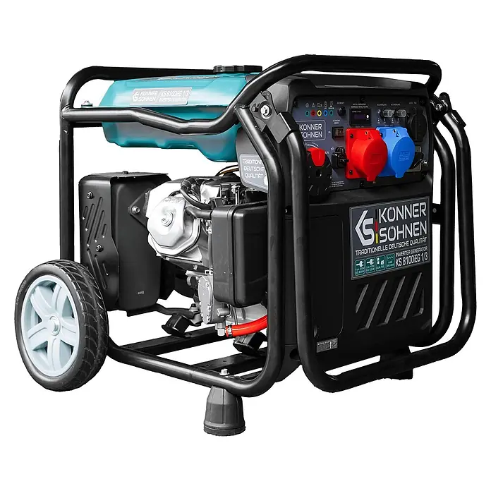 Könner & Söhnen Stromerzeuger KS 8100iEG 1/3 - Nennleistung: 8 kW, Tankvolumen: 20 l - Ein schwarzer und blauer tragbarer Inverter-Generator mit Rädern, robustem Rahmen und Bedienfeld mit Steckdosen.