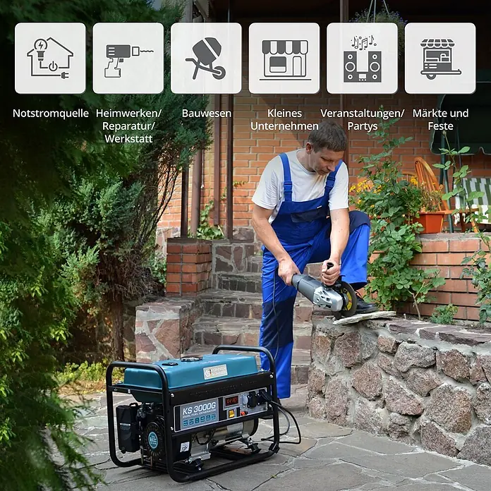Könner & Söhnen Stromerzeuger KS 3000G - Nennleistung: 2,6 kW, Tankvolumen: 15 l - Blauer und schwarzer KS 3000G Dual-Fuel Generator versorgt Werkzeuge im Freien, geeignet für Heimwerken oder Events.