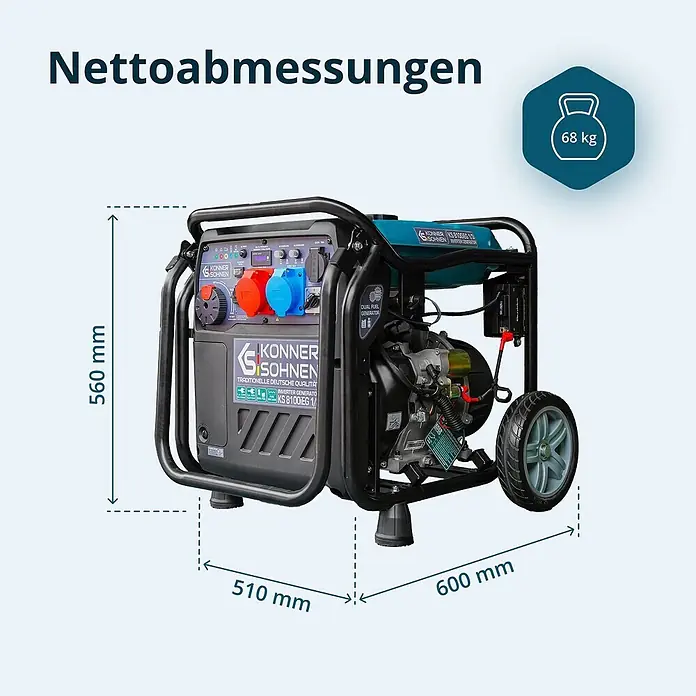 Könner & Söhnen Stromerzeuger KS 8100iEG 1/3 - Nennleistung: 8 kW, Tankvolumen: 20 l - Ein dunkelgrauer und türkisfarbener Generator auf Rädern, mit Nettomaßen (560x510x600 mm) und Gewicht (68 kg).