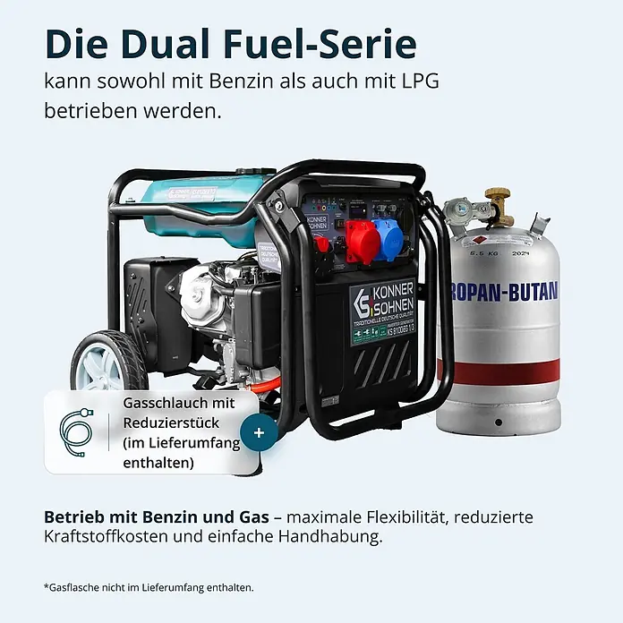 Könner & Söhnen Stromerzeuger KS 8100iEG 1/3 - Nennleistung: 8 kW, Tankvolumen: 20 l - Schwarz-grauer Dual-Fuel-Generator mit blauem Tank und roten/blauen Anschlüssen, an eine silberne LPG-Flasche angeschlossen.