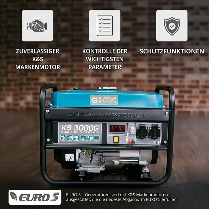 Könner & Söhnen Stromerzeuger KS 3000G - Nennleistung: 2,6 kW, Tankvolumen: 15 l - Blauer und schwarzer K&S KS 3000G Dual-Fuel-Generator mit Bedienfeld, zuverlässigem Motor, Parameterüberwachung und Sicherheitsfunktionen, EURO 5-konform.