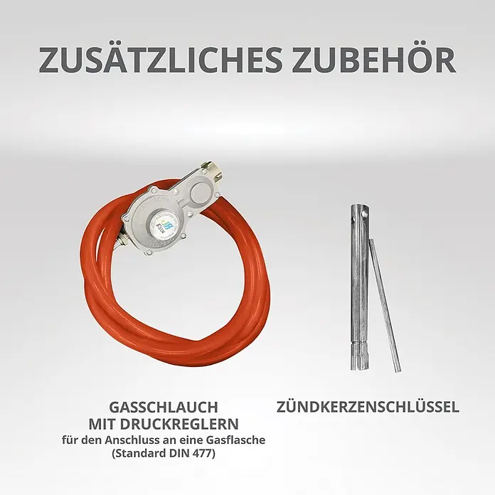 Könner & Söhnen Stromerzeuger KS 3000G - Nennleistung: 2,6 kW, Tankvolumen: 15 l - Gasschlauch (orange) mit Druckregler und Zündkerzenschlüssel (Metall) als Zubehör für Gasflaschen.