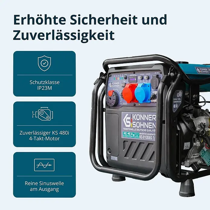 Könner & Söhnen Stromerzeuger KS 8100iEG 1/3 - Nennleistung: 8 kW, Tankvolumen: 20 l - Ein schwarz-dunkelgrauer Generator mit türkisfarbenem Tank und Bedienfeld, hebt Merkmale wie reine Sinuswelle hervor.