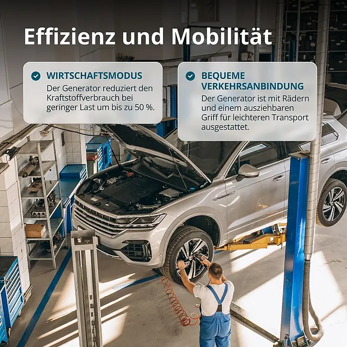 Könner & Söhnen Stromerzeuger KS 8100iEG 1/3 - Nennleistung: 8 kW, Tankvolumen: 20 l - Eine Autowerkstatt mit Mechaniker und angehobenem Auto, die Effizienz und Mobilität eines Generators unterstreicht.