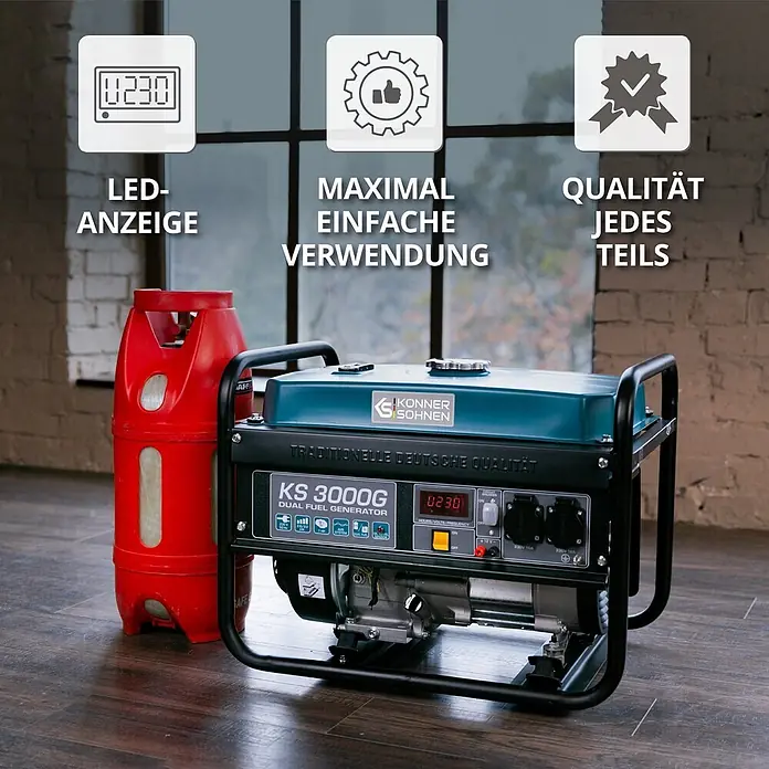 Könner & Söhnen Stromerzeuger KS 3000G - Nennleistung: 2,6 kW, Tankvolumen: 15 l - Ein teal-schwarzer Könner & Söhnen KS 3000G Dual Fuel Generator mit LED-Anzeige, neben einer roten Gasflasche auf Holzfußboden.
