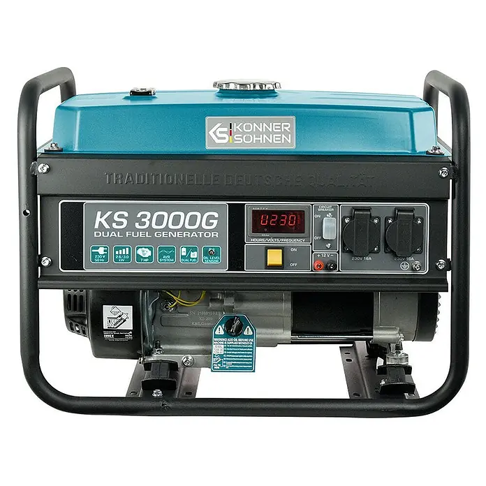 Könner & Söhnen Stromerzeuger KS 3000G - Nennleistung: 2,6 kW, Tankvolumen: 15 l - Könner & Söhnen KS 3000G Dual-Fuel-Generator mit türkisfarbenem Tank und schwarzem Bedienfeld.