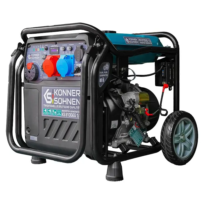 Könner & Söhnen Stromerzeuger KS 8100iEG 1/3 - Nennleistung: 8 kW, Tankvolumen: 20 l - Konner & Söhnen KS 8100IEG 1/3 Dual-Fuel Inverter-Generator, schwarz und grau mit blau-grünem Tank, Bedienfeld und Rädern.