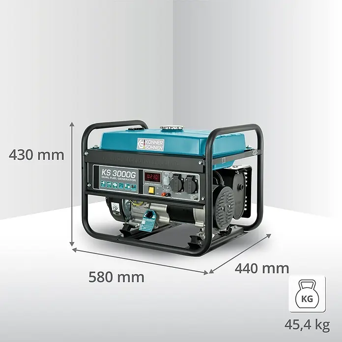 Könner & Söhnen Stromerzeuger KS 3000G - Nennleistung: 2,6 kW, Tankvolumen: 15 l - Blau-schwarzer Dual-Fuel-Generator mit den Maßen 430x580x440mm und einem Gewicht von 45,4 kg.