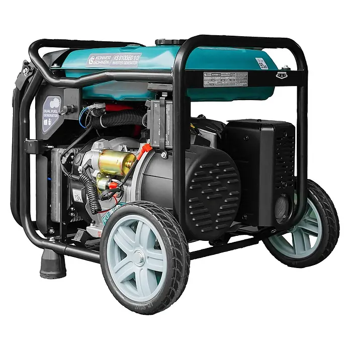 Könner & Söhnen Stromerzeuger KS 8100iEG 1/3 - Nennleistung: 8 kW, Tankvolumen: 20 l - Ein teal-schwarzer Dual-Fuel-Inverter-Generator mit robustem Rahmen und hellgrauen Rädern für Mobilität.