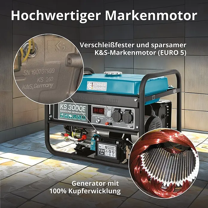 Könner & Söhnen Stromerzeuger KS 3000E - Nennleistung: 2,6 kW, Tankvolumen: 15 l - Ein blauer und schwarzer Konner & Sohnen KS 3000E Benzingenerator mit K&S-Markenmotor und 100% Kupferwicklung.