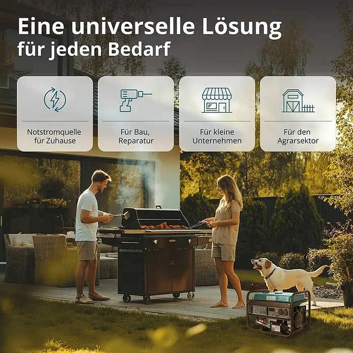 Könner & Söhnen Stromerzeuger KS 3000E - Nennleistung: 2,6 kW, Tankvolumen: 15 l - Ein grüner und schwarzer tragbarer Stromerzeuger auf einem Rasen in einer Gartenszene, während Leute grillen, um die Nutzung für Heim- oder Außenstrom zu zeigen.